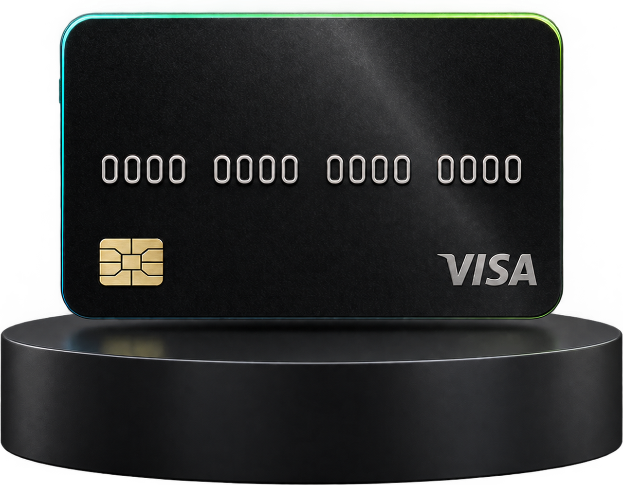 The Fast Exchanger Visa card, black with a glowing edge, standing on a pedestal